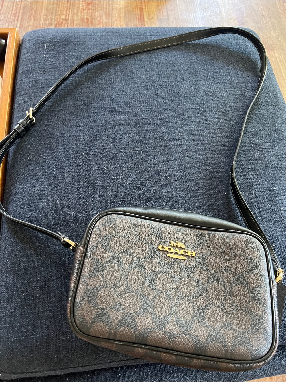 Coach Signature Canvas Crossbody with Black Trim and Gold Hardware